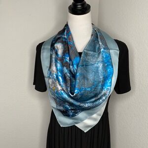 100% Silk Square Scarf Blue Multi Abstract Marble Print Head Neck Wrap 36x36"